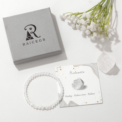 Raicegs 4MM Selenite Beaded Bracelets Healing Crystal Bracelet for Women Men Natural Stone Handmade Stretch Bracelet Reiki Spiritual Jewelry