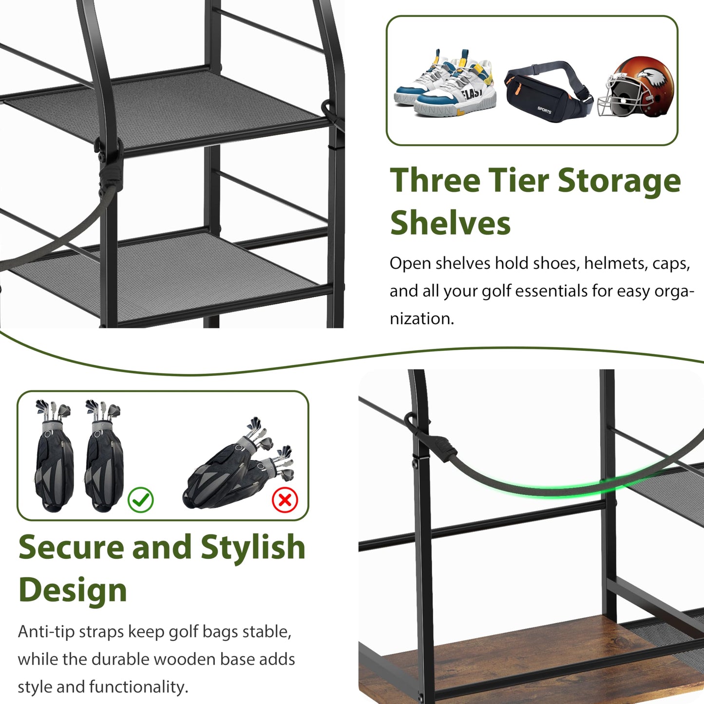 Jsskeeim Golf Bag Storage Organizer for Garage Organization, Golf Bag Stand for Golf Bag Accessories, Spacious Golf Rack for Golf Clubs & Golf Essentials, Ideal Golf Gifts for Men (Fits 2 Golf Bags)