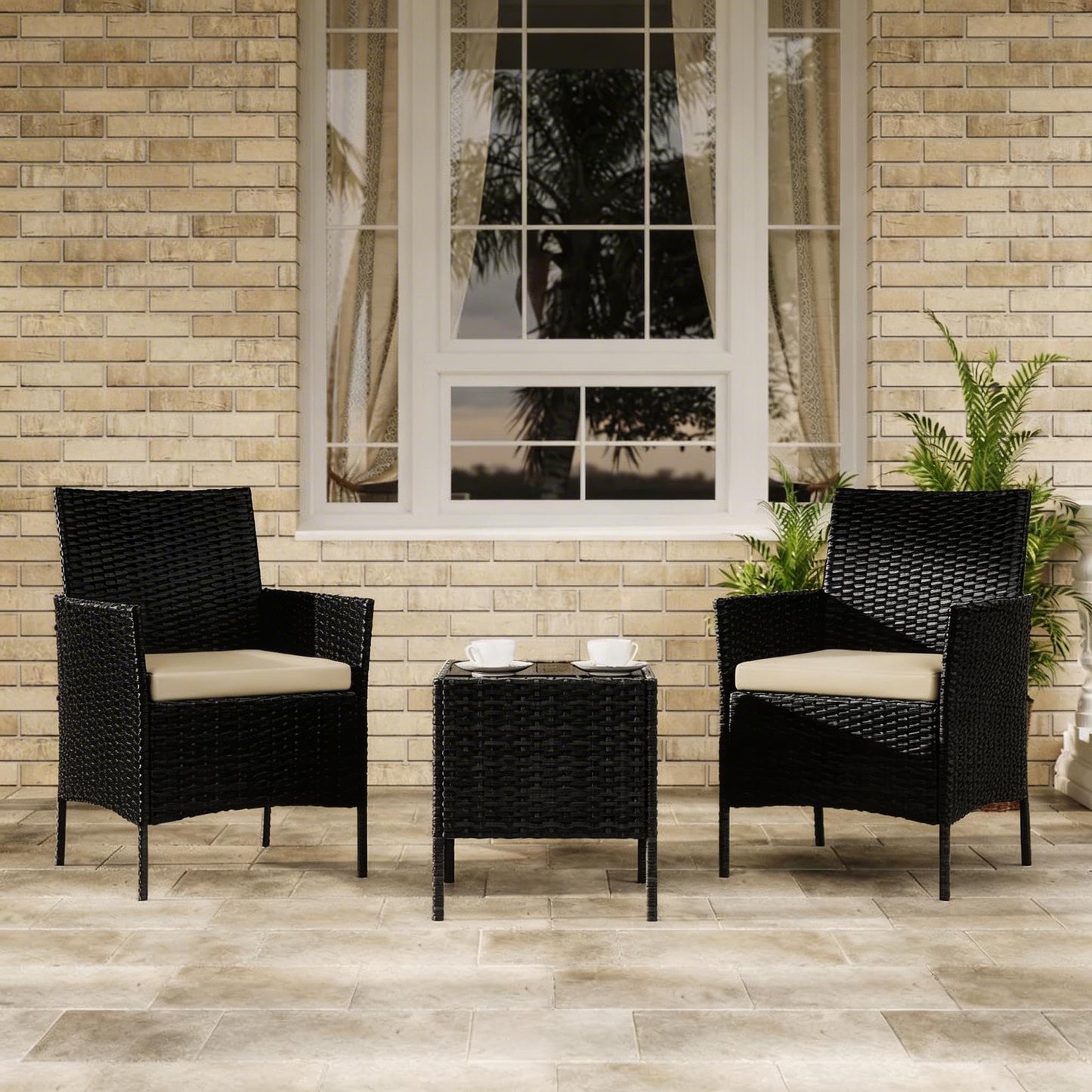MilleLoom 3-Piece Outdoor Furniture Set, PE Rattan Wicker Chairs with Soft Cushions & Tempered Glass Coffee Table - All-Weather Patio Set for Garden, Backyard, Porch, Poolside (Black/Beige)