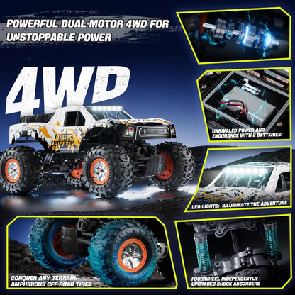 1:10 Amphibious Remote Control Car, 2.4 GHz Waterproof Monster Truck Toys RC Cars, 4WD All Terrain Off-Road Pickup RC Trucks , 2 Batteries 60Mins Play, Kids Toy Gift for Adults Kids Boys Girls