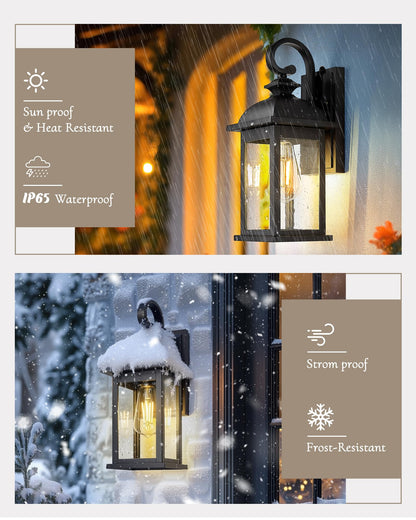 FEMILA Exterior Wall Sconce, 2 Packs Outdoor Waterproof Wall Lights Fixture, E26 Socket Wall Lantern for Porch, Anti-Rust Matte Black Finish with Seeded Glass Lampshade, 4FD54B-2PK BK