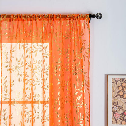 Deeprove Orange Burnt Sheer Curtains 84 inches Long 2 Panels for Bedroom Living Room, Abstract Metallic Gold Foil Vine Leaves Print Window Treatments Pair Set for Fall Halloween Decor, W52 x L84