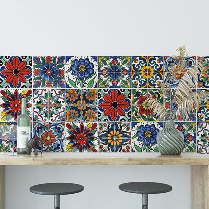 30 Pcs Mediterranean Style Peel and Stick Wall Tile Decals - Waterproof Vinyl Stickers for Kitchen Backsplash, Bathroom, Stair Riser Decor - Spanish Floral Pattern - 4x4 Inch