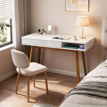 Artswish White Writing Desk with Drawers Mid Century Modern Desk, Wood Office Computer Desks for Small Space, White Desks with Walnut Legs