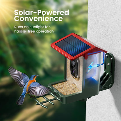 Smart Bird Feeder with Camera Solar Powered, 2K HD Video, AI Bird Species Identification, Instant Arrival Alerts, Weatherproof Design for Effortless Birdwatching, Best Gift for BirdLovers, Red