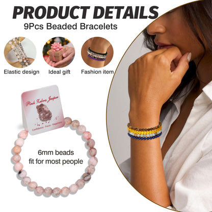 BOMAIL 9pcs Healing Stone Bead Bracelet for Women 6mm Natural Stone Beaded Bracelets Set Gemstones Spiritual Crystal Beads Stretch Bracelets with Meaning Card A Style
