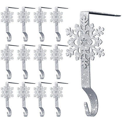 Gisafai Set of 12 Glitter Christmas Mantle Stocking Holders Snowflake Christmas Stocking Hangers Weighted Shiny Metal Fireplace Mantel Non-Slip Hooks for Xmas Party Decoration(Sliver)