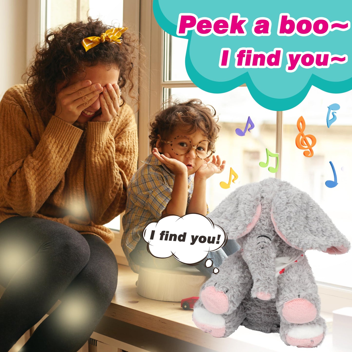 Cuteoy Peek A Boo Elephant Interactive Plush Toy with Moving Ears Musical Singing Talking Stuffed Animal Adorable Electric Animate Christmas Birthday Gifts for Girls Boys