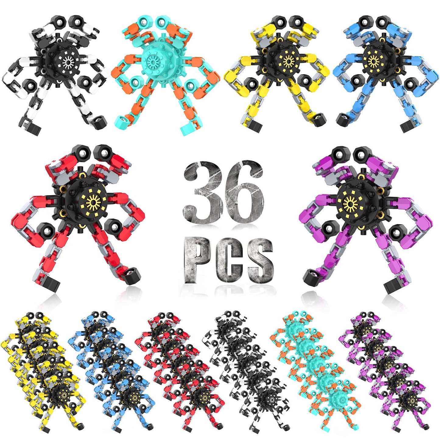 Easter Basket Stuffers 36PC Transformable Fidget Spinner for Kids,Deformable Chain DIY Robot Spinner Sensory Toy, Stress Relief Fingertip Gyros Fidget Toys Party Favors