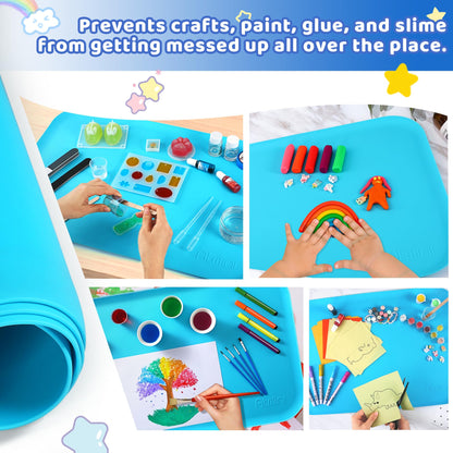 AtMini Silicone Craft Mats for Kids 24"x16"– with Raised Lip & Non-Slip | Reusable Silicone Art Mat for Play Sand, Painting, DIY Crafts | Durable Design (Blue)