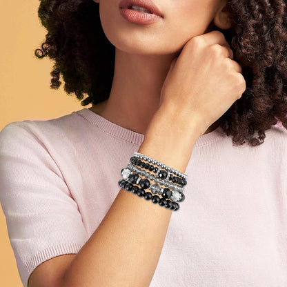 5 Pcs Beaded Stretch Bracelets Black Stackable Bracelets Crystal Bead Bracelet Boho Beaded Bracelets Stretch Layering Crystal Stone Beaded Bracelets Trendy Costume Jewelry Gifts for Women