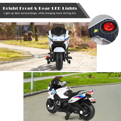 FUTADA Kids Ride on Motorcycle, 12V Kids Electric Motorcycle w/Training Wheels, Bright LED Light, Music, Foot Pedal, Battery Powered Tricycle Toy, Birthday Gift for Children, Girls Boys (White)