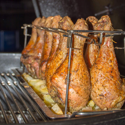 RTT Chicken Leg Rack for Grill with Drip Tray - Easy to Use 12 Slots Chicken Wing Rack - Premium Stainless Steel Chicken Drumstick Rack for Smoker - Chicken Drumstick Holder for Grill Accessories