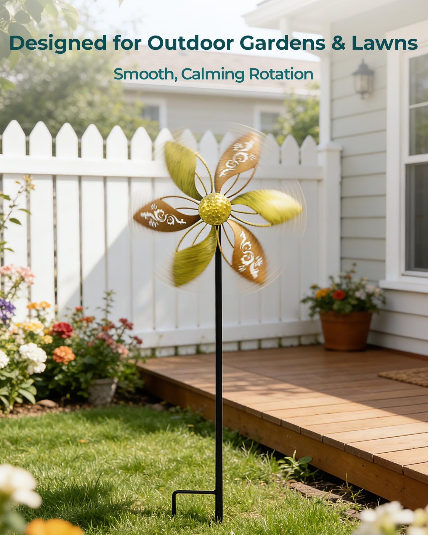Gronhof 37" Metal Wind Spinner for Yard & Garden, 10" Kinetic Outdoor Garden Spinner, Rust-Resistant Decorative Yard Art (Gold Ornate Laser-Cut Floral)