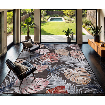 CAMILSON Indoor Outdoor Rug, Brown 7’10”x10’ Leaf Tropical Botanical Area Rugs for Indoor and Outdoor patios, Easy-Cleaning Non-Shedding Living Room, Garden and Kitchen Washable Outside Carpet (8x10)