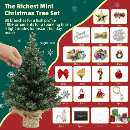 iLAND Mini Christmas Tree Tabletop Small Christmas Tree 12 inch Cute Xmas Table Decoration for Office Desk Shelf Dorm Party Tiny Table Top Décor Miniature 1/6 Scale Elf Accessories Shining Xmas Gift
