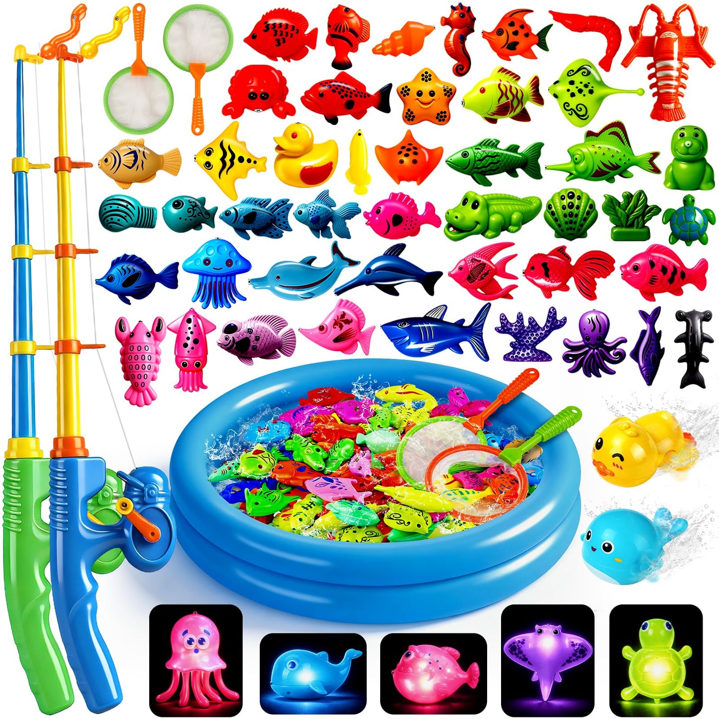 CozyBomB™ Magnetic Fishing Toys Game Set for Kids | Water Table Bathtub Kiddie Pool Party Pole Rod Net, Outdoor Plastic Floating Fish, Toddler Bath Color Ocean Sea Animals Birthday Gift Age 3-5 6 4-8