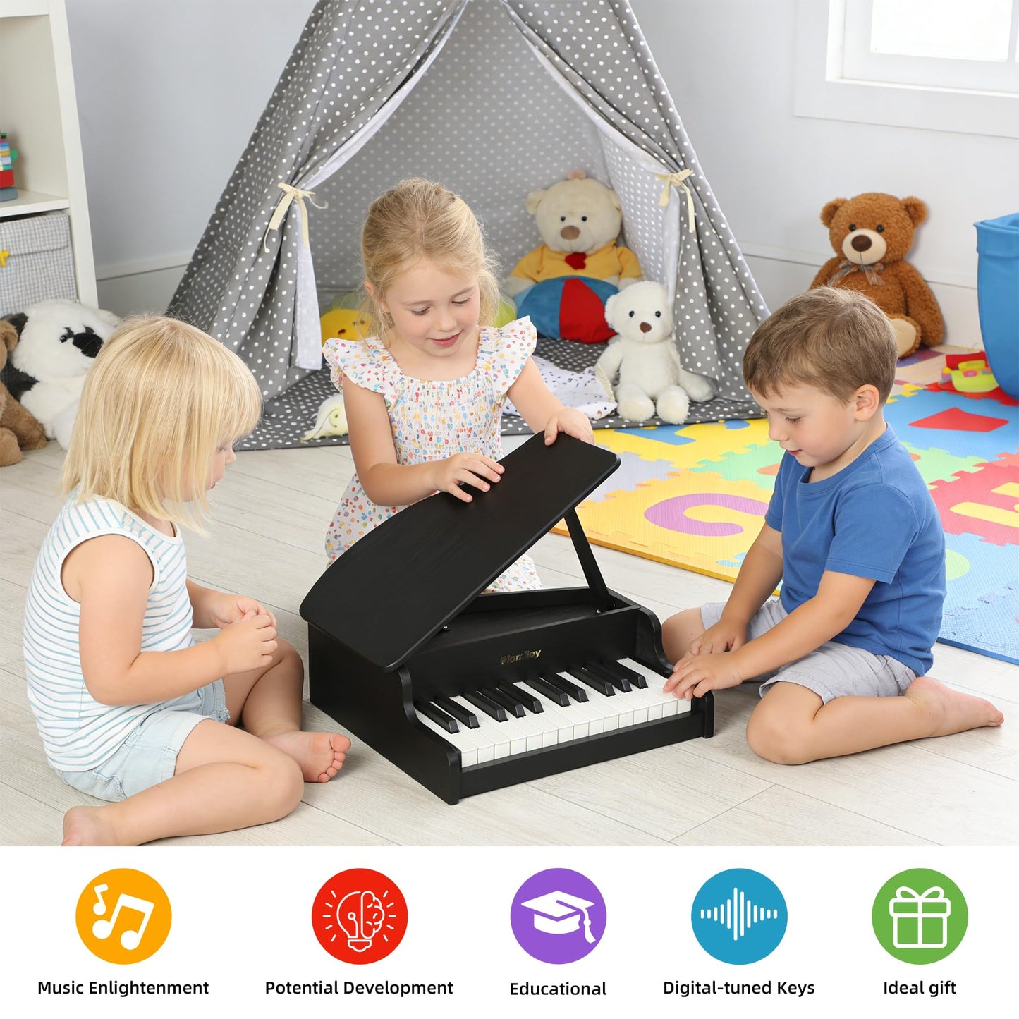 PLAMILOY Kids Piano, Toddler 25-Keys (Grand) Wooden Digital Keyboard Piano, First Instrument Toy for Baby Beginner 3 Ages+, Surprise Educational Early Learning Birthday Gift for Boys Girls