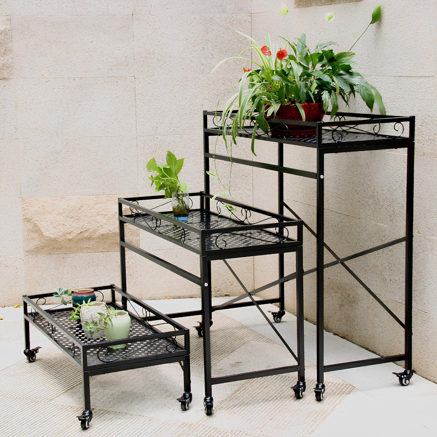 Zhongma Window Height Sturdy Metal Plant Stand with Wheels, 36.6 x 16 x 26.2 in High, Heavy Duty Succulent Shelf for Home Indoor and Outdoor, 220 LBS Capacity & Heavy Duty Construction