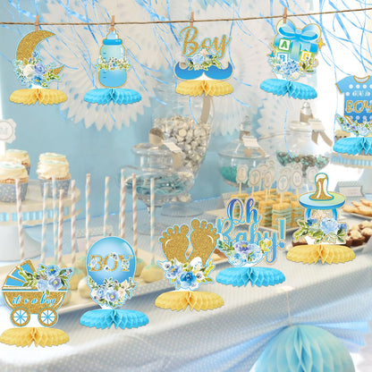 Tarklanda 12Pcs Baby Shower Honeycomb Centerpieces Party Decor for Boys,Blue Gold Floral It's a Boys Gender Reveal 3D Table Centerpieces Decoration for Kids Baby Shower Party Photo Props Supplies