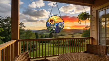 Argodaze Stained Glass Window Hanging - Sunflowers, Daisies, Lavender and Sunset 6.3 Inches Suncatcher for Garden Home Decor for Women Mon Grandma Friends