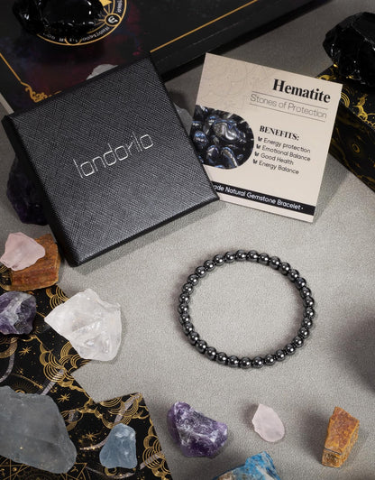 Landorilo Beaded Bracelet for Men Women, 6mm Natural Stone Hematite Healing Crystal Stretch Bracelets, Ideal Christmas Birthday Jewelry Gifts with Energy Card，Replacement Beads Included