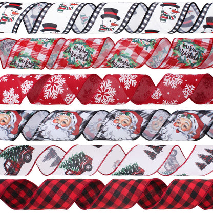 Vloso Christmas Ribbon Wired 2.5 Inch,6 Roll 30 Yards Christmas Wired Ribbon,Incl. Santa/Snowman/Snowflake/Buffalo Plaid Ribbon for Wreaths Bows Holiday Xmas Decor DIY Crafts