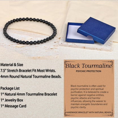 LPBeads Handmade Natural Gemstone Stretch Elastic 4m Black Tourmaline Bracelet Healing Crystal Round Stone Beads Jewelry Gifts for Women Men