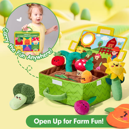 hahaland Baby Toys 6-12 Months - Fruits Vegetables Garden Plant Plush - 6 Month Old Toys Montessori Sensory Toy Carrot Flower with Rattles Mirror Squeaker Textures Crinkle Tissues, Baby Gifts 9 Month
