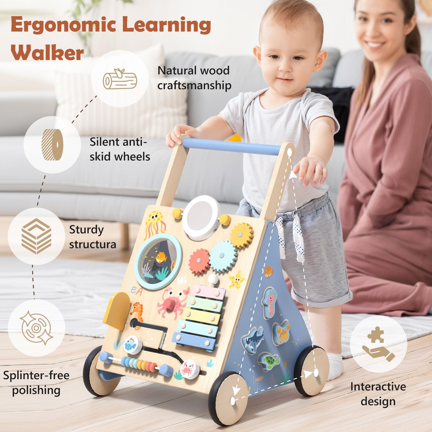 Wooden Baby Walker, Baby Push Walker with Montessori Toy for Girls Boys, Toddler Walking Toys for 18 Months of Age and Over Learning to Walk, Sit-to-Stand, Baby Activity Center for Kids Development