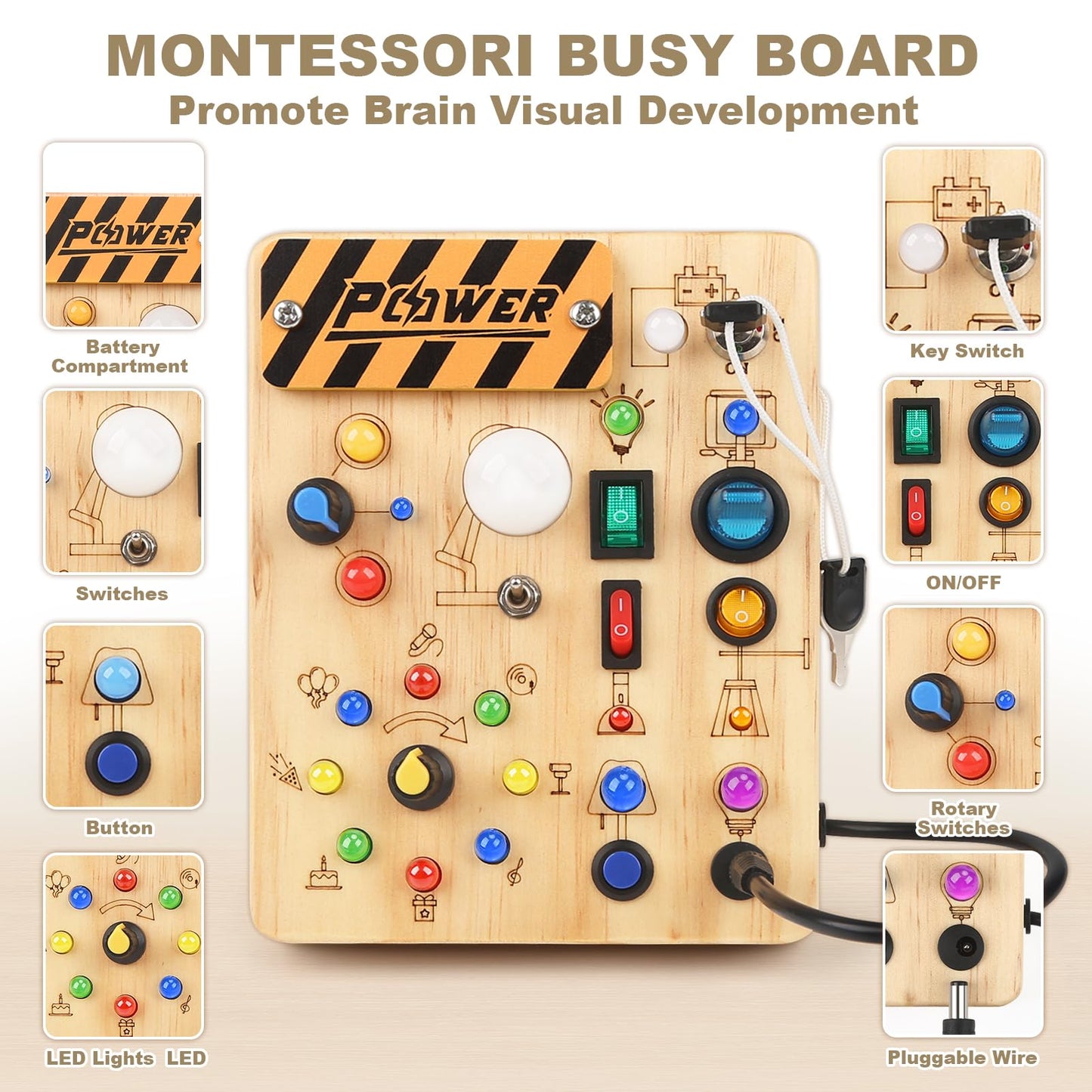 LED Busy Board for Toddlers - Montessori Sensory Toy with 10 Switches & 19 Lights, Wooden Activity Board for Fine Motor Skills, Ideal Educational Birthday Travel Toy Gift for 1 2 3 Year Old Boys Girls