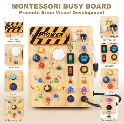 LED Busy Board for Toddlers - Montessori Sensory Toy with 10 Switches & 19 Lights, Wooden Activity Board for Fine Motor Skills, Ideal Educational Birthday Travel Toy Gift for 1 2 3 Year Old Boys Girls