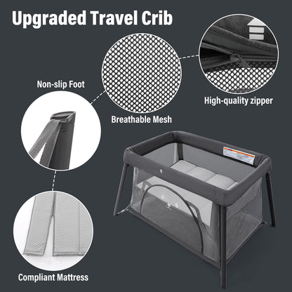 Sporary Travel Crib, Portable Crib for Baby, Pack and Play for Babies and Toddler, Lightweight Backpack Design,Foldable Travel Baby Playpen with Mattress(Dark Grey)