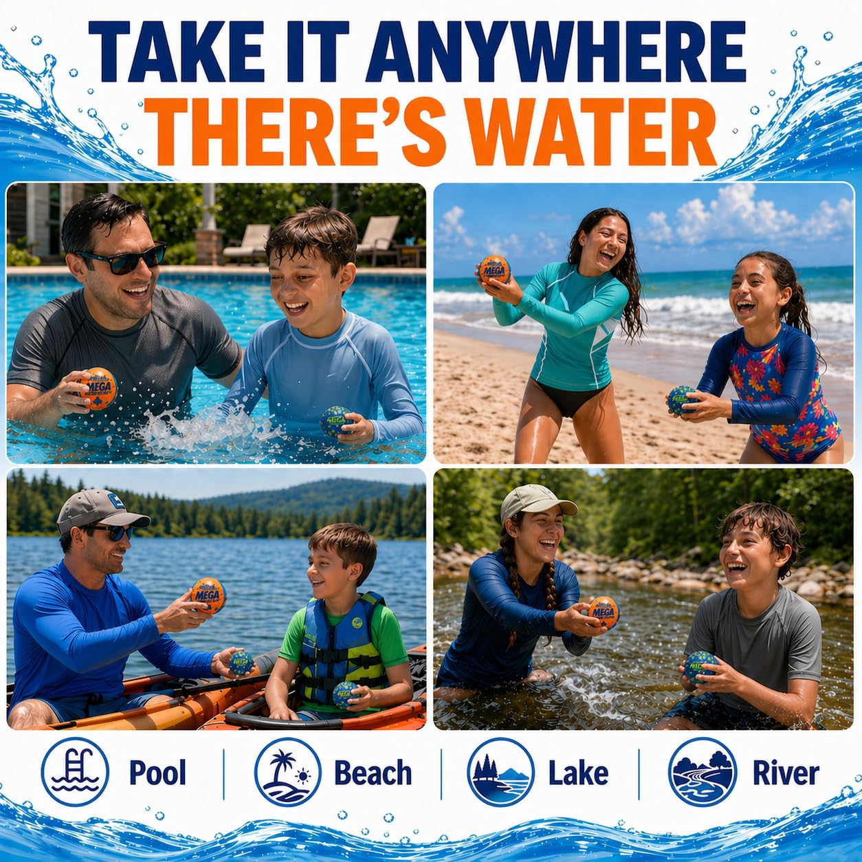 Wave Runner Water Skipping Balls 2 Pack, Soft Foam Pool Balls for Kids & Adults, Bounce Across Water, Floating Beach Toys with Mesh Bag, Summer Pool Toys for Family Vacation, Ages 6+
