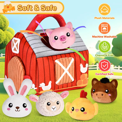 Baby Toys 0-6 6-12 Months, Plush Big Red Barn with Farm Animals, Soft Sensory Toys with Crinkle, Rattles for 0-3-6-9-12 Month Newborn Infant, Christmas Easter Birthday Gifts for Baby Boys Girls﻿