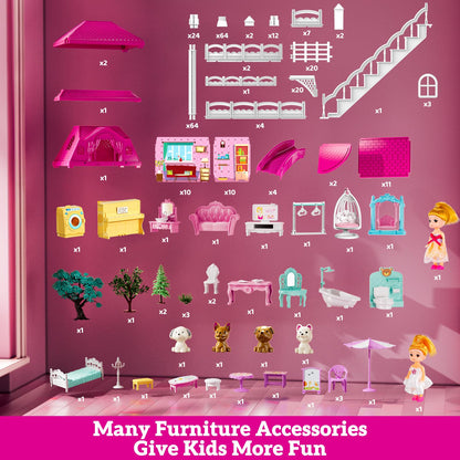 JUKUDAHU Villa Playset for Girls Ages 3-7, 4-Storey House with 10 Rooms, 2 Dolls, Furniture and Accessories, Indoor Playset Girls Toys for Ages 6-8, Pretend Toddler Toys, Birthday Gifts for Kids 4-8