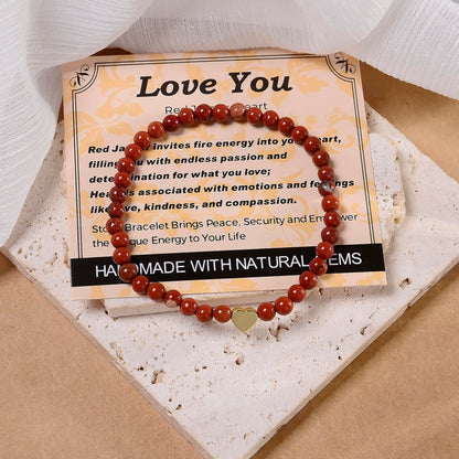MASSIVE BEADS Red Jasper and Heart - Love You Handmade Handmade Yoga Stretch Elastic Bracelet Natural Stone Crystal Healing Power Energy Gifts for Unisex Adult 4mm