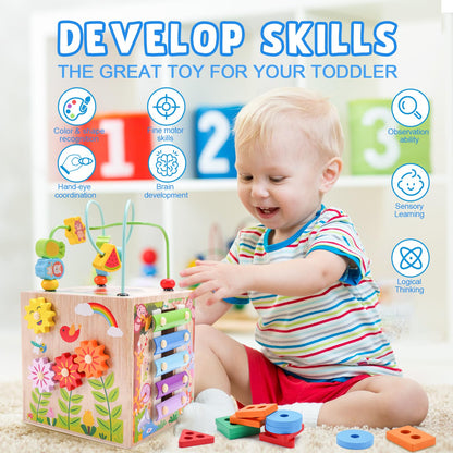 Wooden Activity Cube | Montessori Toys for 1 2 3 Year Old Toddlers | One Year Old 1st First Birthday Gift | Educational Toys for 12+ Months Baby Boys Girls | Bonus Sorting & Stacking Game (Pink)