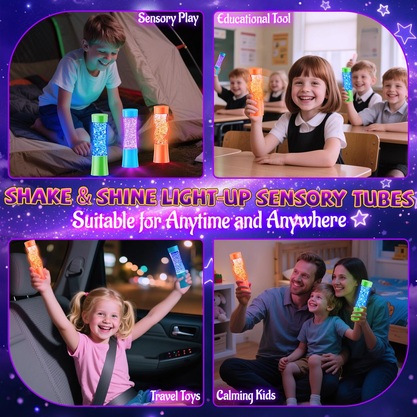 Subao 3 Pack Light Up Sensory Tubes Anxiety Relief Items,Fidget Toys for Kids & Adults,Sensory Toys for Kids with Autism Calm Down Corner Supplies,Preschool & Kindergarten Classroom Must Haves