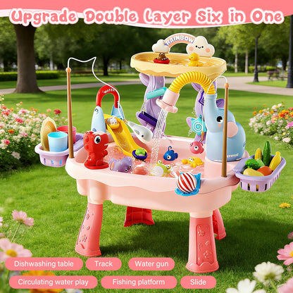 Poruary 2027 Upgraded Toddler Sand Water Table Toy with Electric Water Pump, Kids Sand Water with Faucet/Play Food Accessories/Fishing Toy, Kitchen Play Sink Toys for Girl Boy Age 3+ (Pink)
