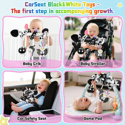 Zendstanding Spiral Car Seat Toys for Babies, 0-6 Months Stroller Pram Activity Hanging Toys High Contrast Black and White Sensory Toy, Newborn Soft Plush Travel Toy for Newborn Boys Girls Gift
