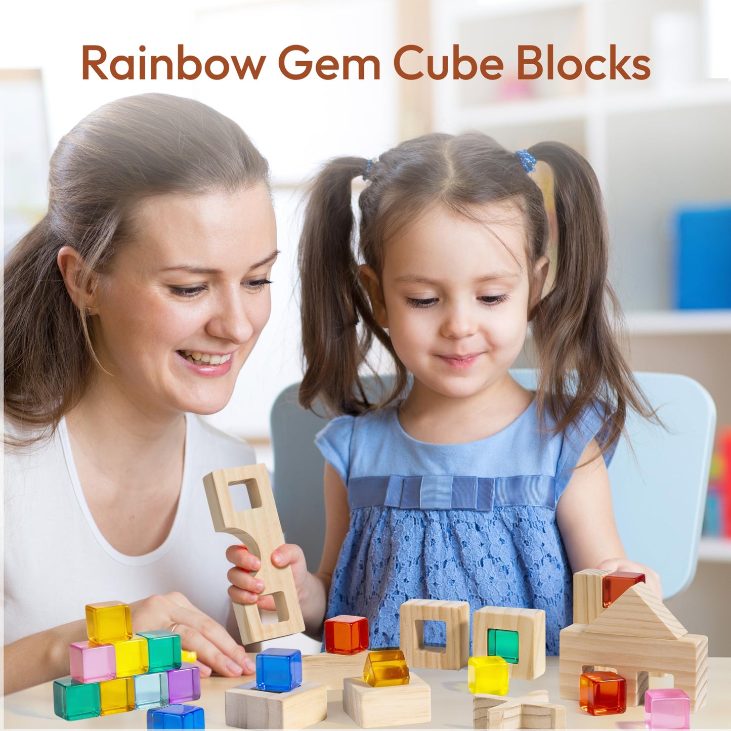 Woodtoe Wooden Rainbow Building Blocks Set for Toddlers, 22 PCS Wooden Blocks & 25 PCS Gem Cubes Stacking Blocks, Montessori Stacking Toys, Educational STEM Birthday Toys Gifts for Kid Boy Girl 3-6