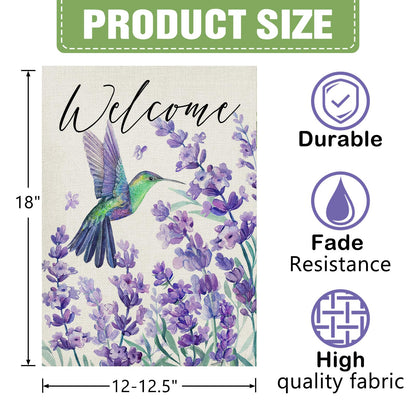 Dyrenson Welcome Spring Summer Hummingbird Lavender Decorative Garden Flag, Purple Flower Floral Yard Outside Home Decorations, Seasonal Burlap Outdoor Small Decor Double Sided 12 x 18