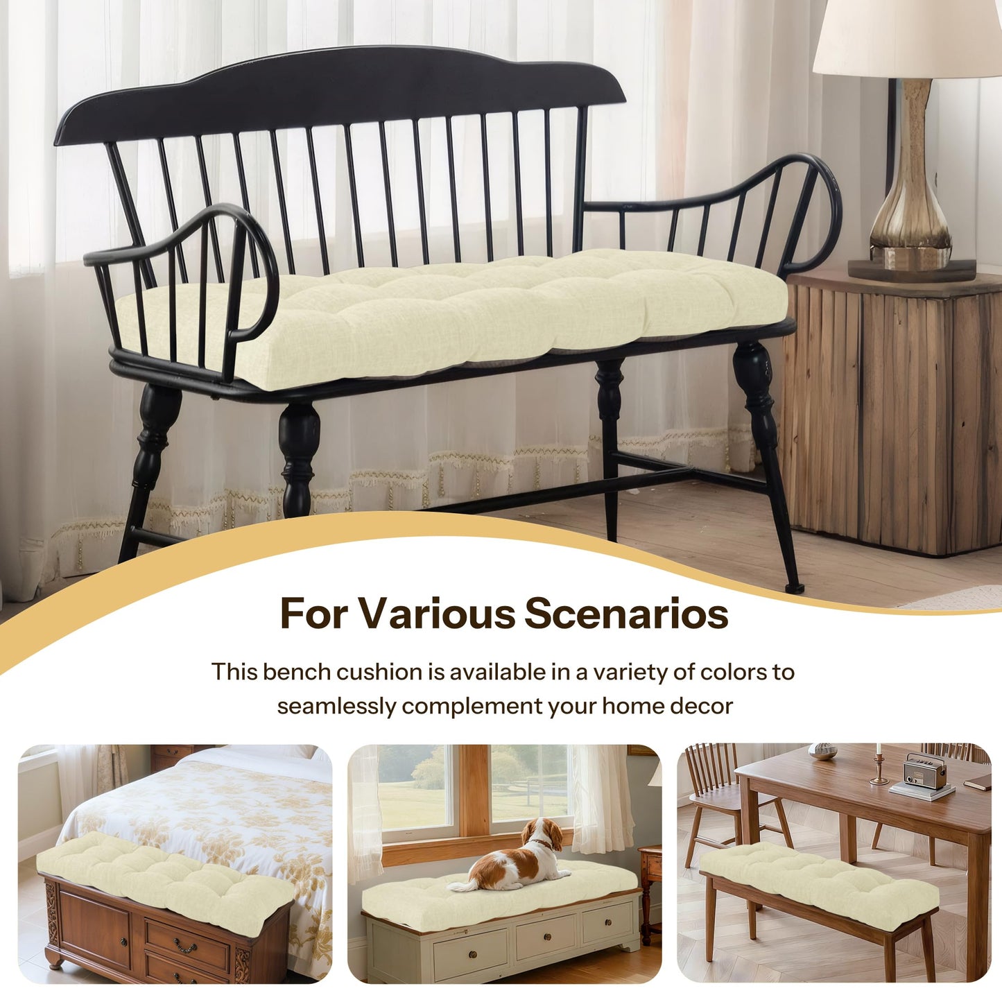FlyGulls Bench Cushion for Indoor Furniture Soft Bench Seat Cushion for Dining, Piano Benches and Window Seats Tufted Chair Pads with Non-Slip Backing 42"X17"X3"/106X43X8 cm (1, Cream)