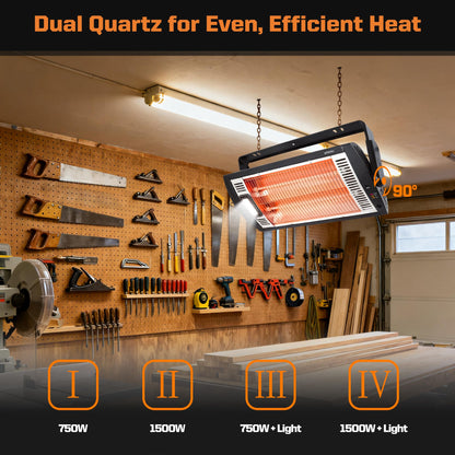 Shinic Electric Garage Heaters with Remote Control, 1500W/750W Ceiling Mounted Radiant Quartz Heater with Work Light, 90° Rotation, 5 Mode Settings, Electric Heater for Garage, Shop, Patio Large Room