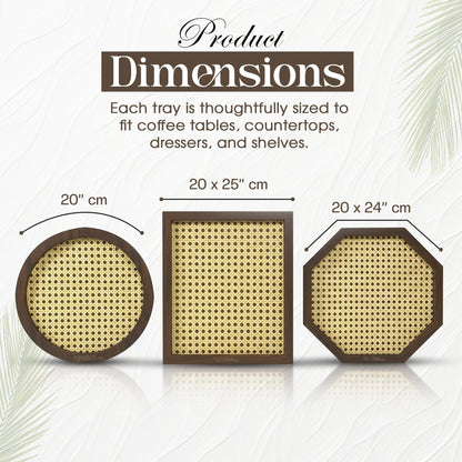 Apolos Co Decorative Tray Set of 3 - Handwoven Rattan Coffee Table Trays with Dark Wood Frame - Modern Boho Design Wicker Tray for Living Room, Centerpiece Décor - Round, Rectangular, Geometric Shapes