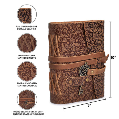 LEATHER VILLAGE Handmade Leather Bound Floral Embossed Journal for Women | 260 Pages Blank of Vintage Paper Writing, Sketchbook, Notebook - Rustic Brown - 10X7 Inches