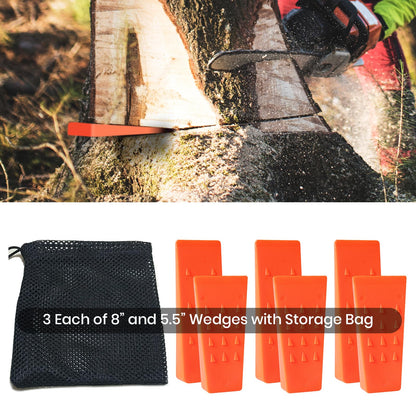 6 Pack Tree Felling Wedges with Spikes for Safe Tree Cutting – 3 Each of 8” and 5.5” Wedges with Storage Bag; 6 Felling Dogs to Guide Trees Stabilize and Safely to Ground for Loggers and Fallers