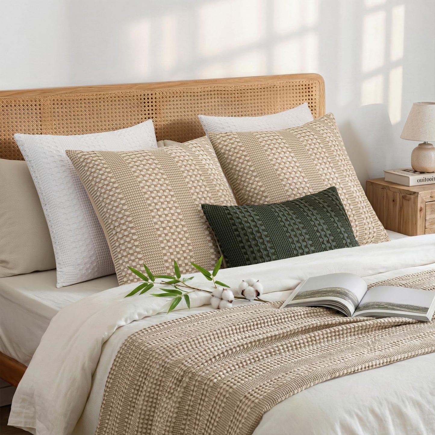 a moment 2 Pack Bamboo Fiber Pillow Covers - Waffle Weave, Ultra Soft & Breathable, Euro Shams Cotton Throw Pillow for Couch, Sofa, Bedroom Living Room 24x24 Inch Khaki