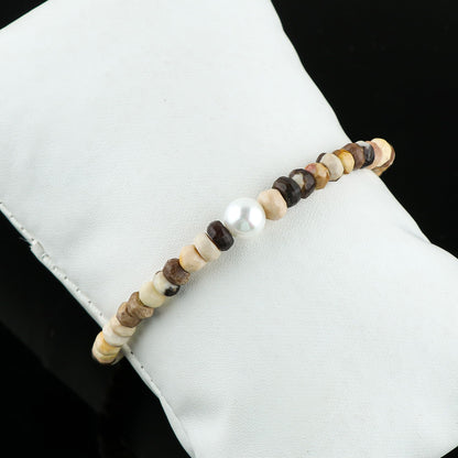 CRYSTALIS Natural Petrified Wood Jasper Beads Adjustable Bracelet with Elegant Pearl, High Grade Gemstones, Chakra Healing Stones, Gift Jewelry, 925 Sterling Silver Womens Bracelet 8 inch
